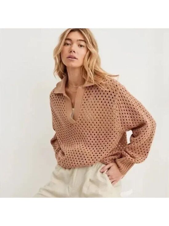 aerie Sweaters - Aerie Tan Oversized Open Knit Polo Sweater [MEL0188]